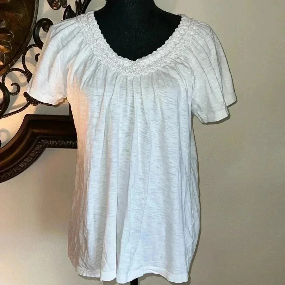 JM Collection Women’s 100% Crisp Summer White T-Shirt with Crochet Neckline